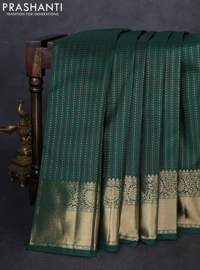 Pure kanchipuram silk saree bottle green with allover small zari checks & buttas and zari woven border