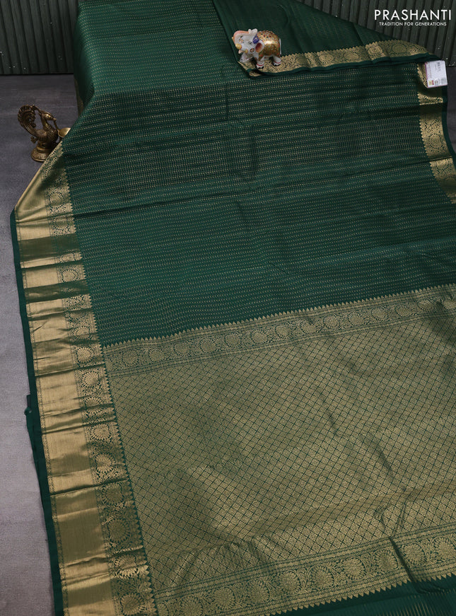 Pure kanchipuram silk saree bottle green with allover small zari checks & buttas and zari woven border
