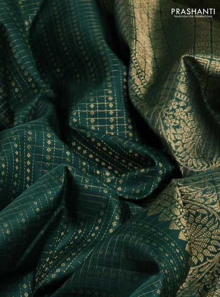 Pure kanchipuram silk saree bottle green with allover small zari checks & buttas and zari woven border