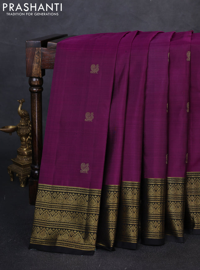 Pure kanchipuram silk saree magenta pink and black with zari woven buttas and zari woven border