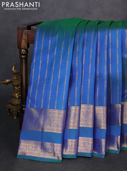 Pure kanchipuram silk saree dual shade of green with allover zari stripe pattern and rettapet zari woven border
