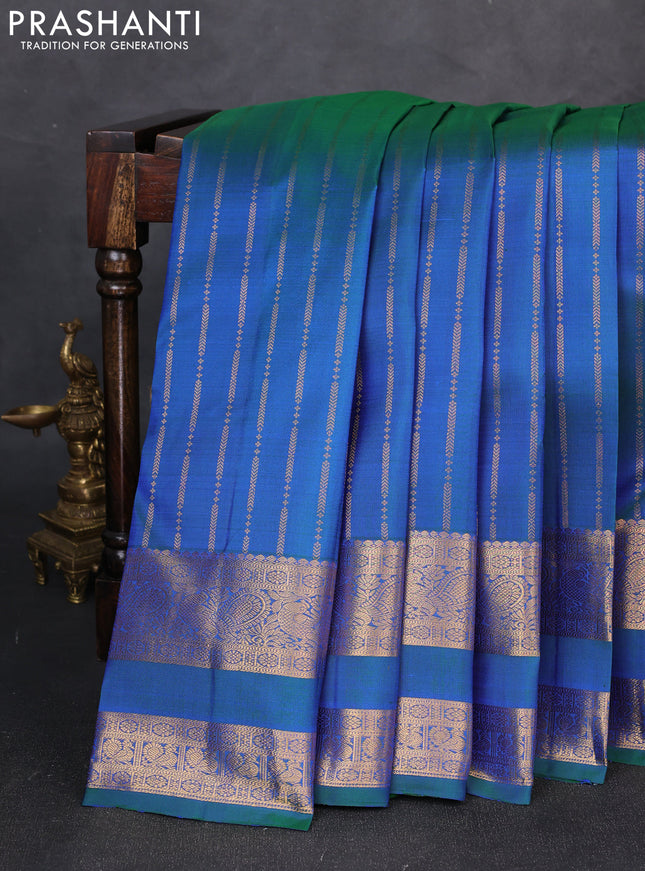 Pure kanchipuram silk saree dual shade of green with allover zari stripe pattern and rettapet zari woven border