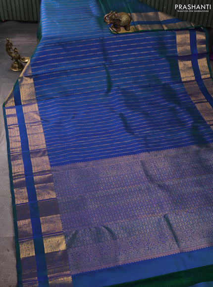 Pure kanchipuram silk saree dual shade of green with allover zari stripe pattern and rettapet zari woven border