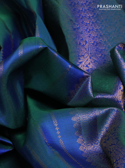 Pure kanchipuram silk saree dual shade of green with allover zari stripe pattern and rettapet zari woven border
