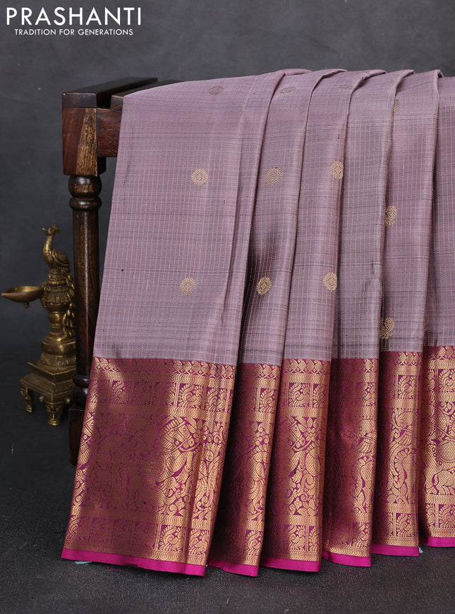 Pure kanchipuram silk saree rosy brown and pink with allover zari stripe & buttas and long zari woven border