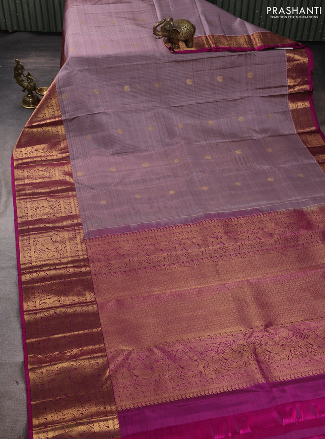 Pure kanchipuram silk saree rosy brown and pink with allover zari stripe & buttas and long zari woven border