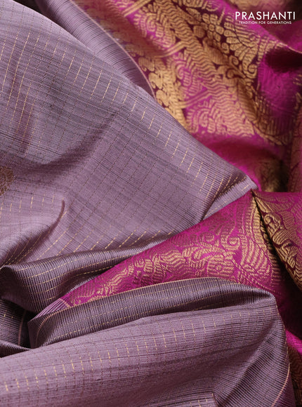 Pure kanchipuram silk saree rosy brown and pink with allover zari stripe & buttas and long zari woven border