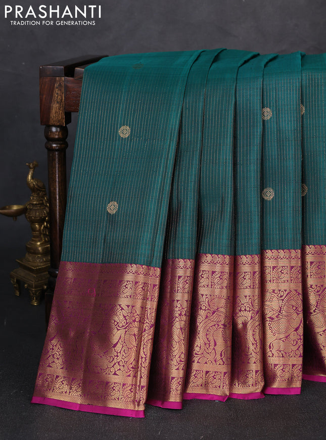 Pure kanchipuram silk saree peacock green and pink with allover zari stripe & buttas and long zari woven border