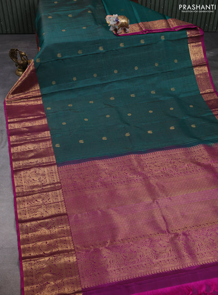 Pure kanchipuram silk saree peacock green and pink with allover zari stripe & buttas and long zari woven border