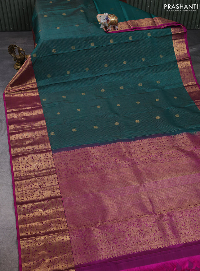 Pure kanchipuram silk saree peacock green and pink with allover zari stripe & buttas and long zari woven border