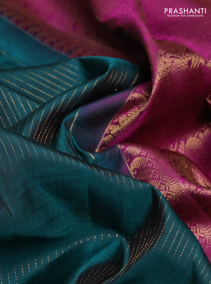 Pure kanchipuram silk saree peacock green and pink with allover zari stripe & buttas and long zari woven border