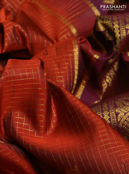 Pure kanchipuram silk saree rust shade and wine shade with allover small checks & buttas and long rettapet zari woven border