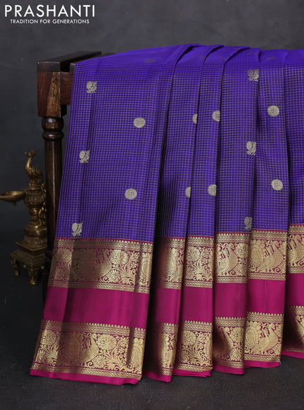 Pure kanchipuram silk saree violet and pink with allover small checks & buttas and long rettapet zari woven border