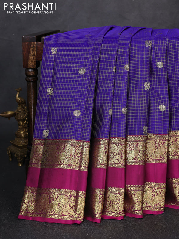 Pure kanchipuram silk saree violet and pink with allover small checks & buttas and long rettapet zari woven border