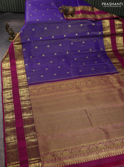 Pure kanchipuram silk saree violet and pink with allover small checks & buttas and long rettapet zari woven border