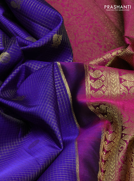 Pure kanchipuram silk saree violet and pink with allover small checks & buttas and long rettapet zari woven border