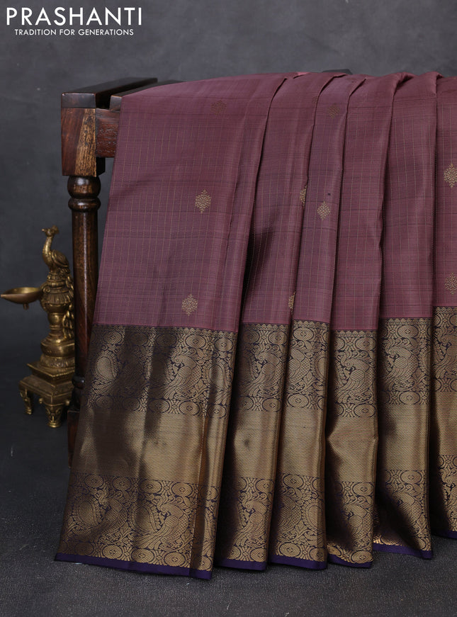 Pure kanchipuram silk saree rosy brown and navy blue with allover zari stripe & buttas and long zari woven border