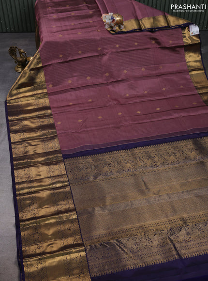 Pure kanchipuram silk saree rosy brown and navy blue with allover zari stripe & buttas and long zari woven border