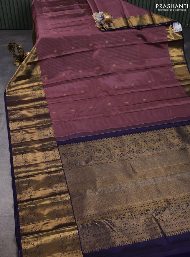 Pure kanchipuram silk saree rosy brown and navy blue with allover zari stripe & buttas and long zari woven border