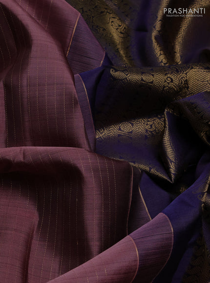 Pure kanchipuram silk saree rosy brown and navy blue with allover zari stripe & buttas and long zari woven border