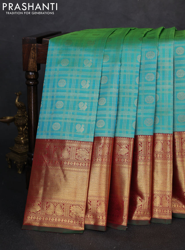 Pure kanchipuram silk saree teal green and green with allover zari checks & buttas and long zari woven border