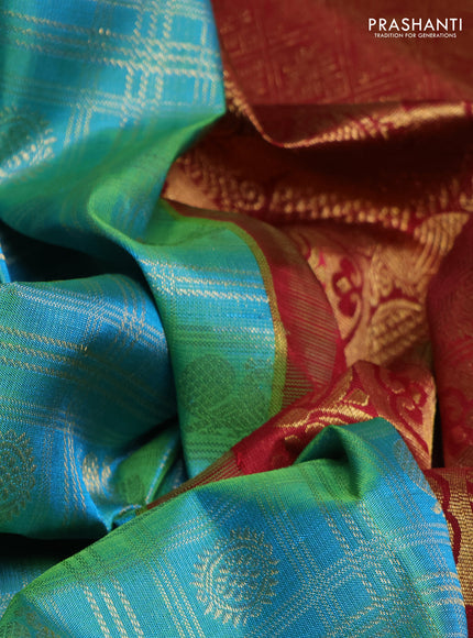 Pure kanchipuram silk saree teal green and green with allover zari checks & buttas and long zari woven border