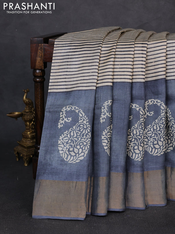 Pure tussar silk saree beige and grey with allover stripe prints and long zari woven border