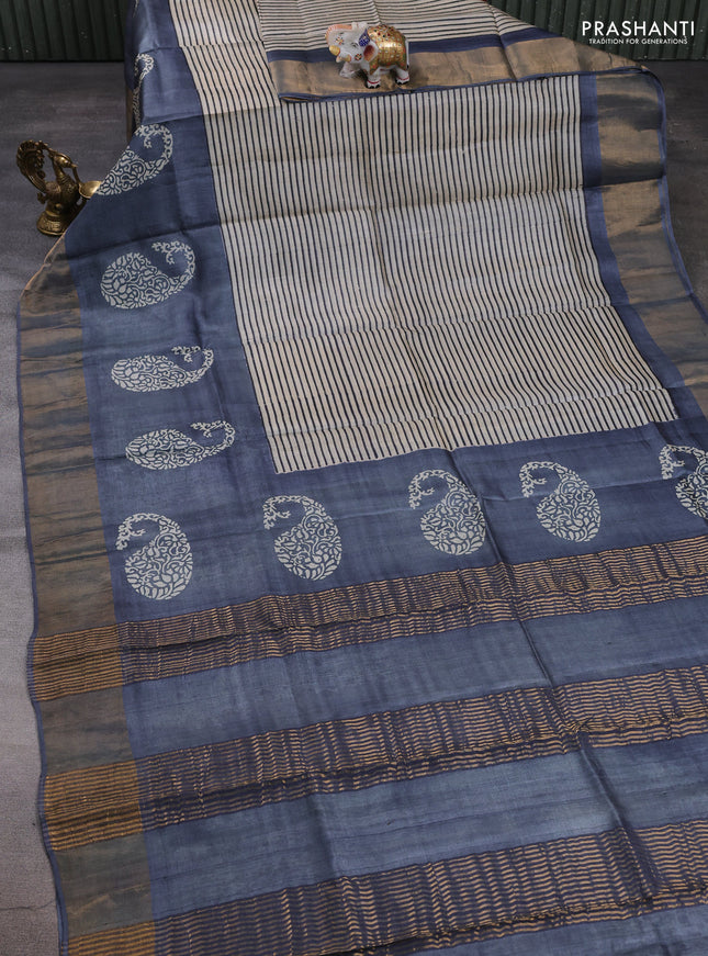 Pure tussar silk saree beige and grey with allover stripe prints and long zari woven border