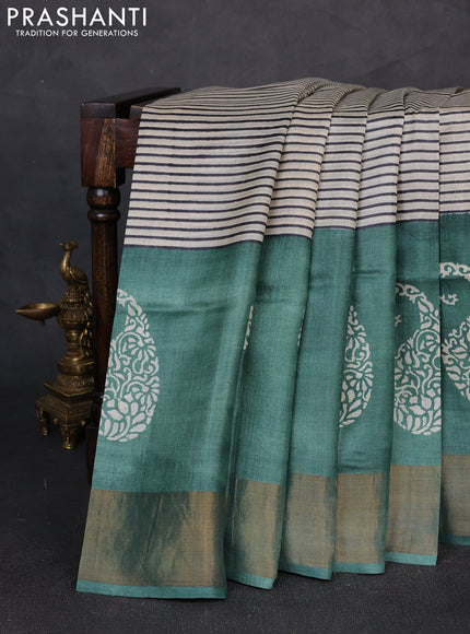 Pure tussar silk saree beige and green with allover stripe prints and long zari woven border