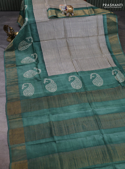 Pure tussar silk saree beige and green with allover stripe prints and long zari woven border