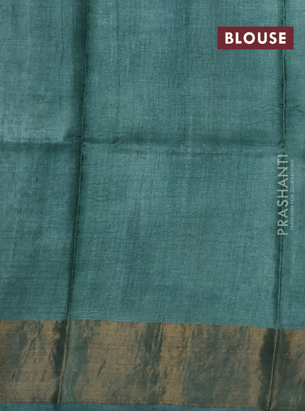 Pure tussar silk saree beige and green with allover stripe prints and long zari woven border