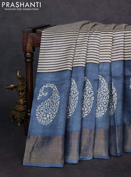 Pure tussar silk saree beige and bluish grey with allover stripe prints and long zari woven border