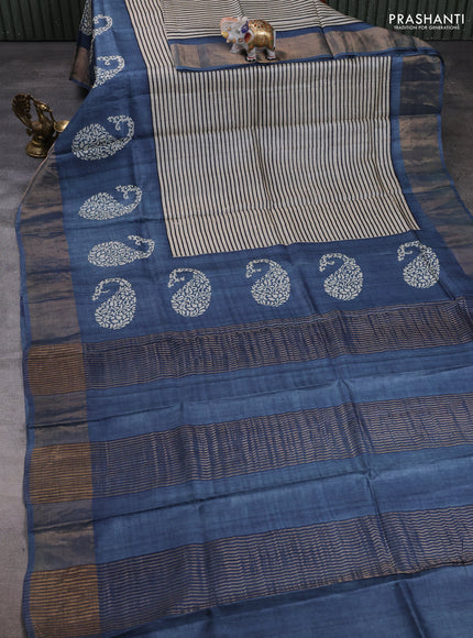 Pure tussar silk saree beige and bluish grey with allover stripe prints and long zari woven border
