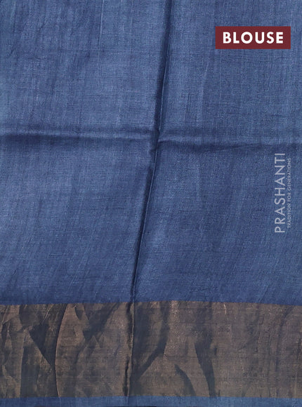 Pure tussar silk saree beige and bluish grey with allover stripe prints and long zari woven border