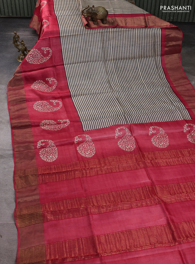 Pure tussar silk saree beige and tomato pink with allover stripe prints and long zari woven border
