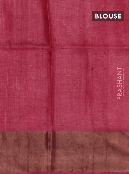 Pure tussar silk saree beige and tomato pink with allover stripe prints and long zari woven border