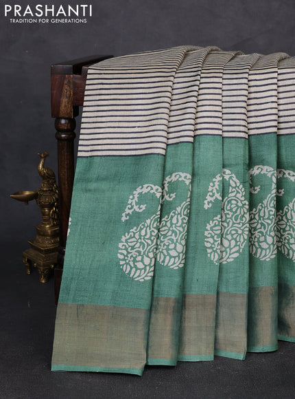 Pure tussar silk saree beige and pastel green with allover stripe prints and long zari woven border