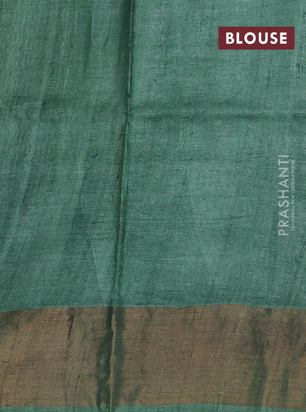 Pure tussar silk saree beige and pastel green with allover stripe prints and long zari woven border