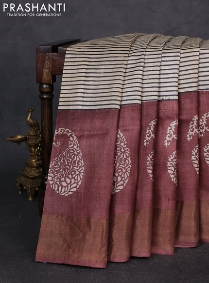 Pure tussar silk saree beige and rosy brown with allover stripe prints and long zari woven border