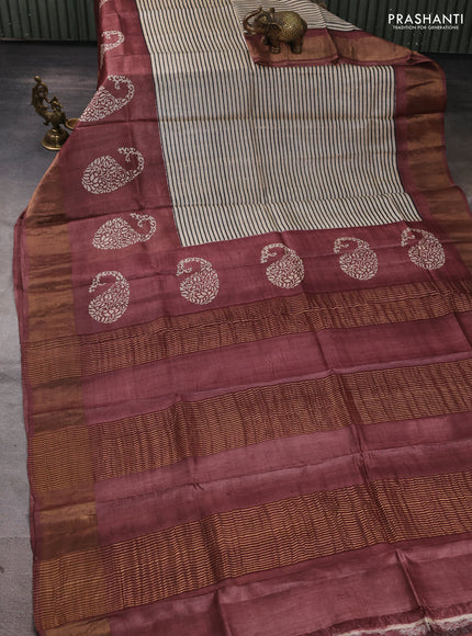 Pure tussar silk saree beige and rosy brown with allover stripe prints and long zari woven border