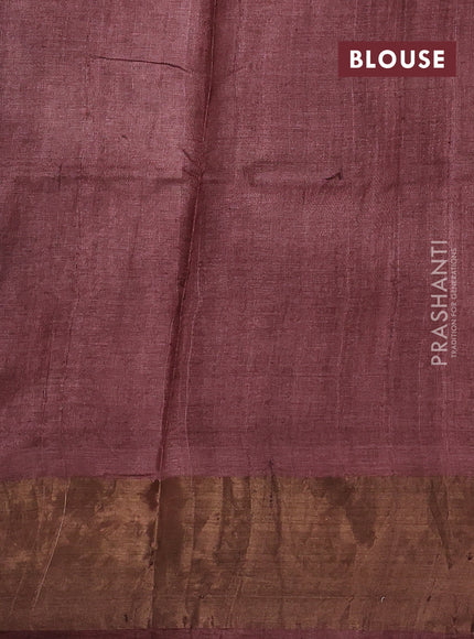 Pure tussar silk saree beige and rosy brown with allover stripe prints and long zari woven border