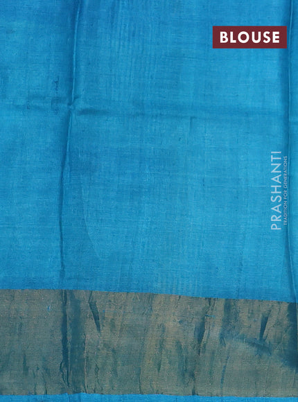 Pure tussar silk saree beige and cs blue with floral butta prints and temple design zari woven border