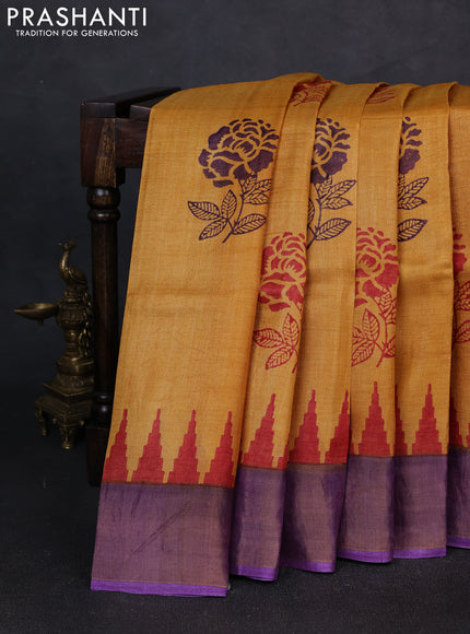 Pure tussar silk saree sunset orange and purple with floral butta prints and temple design zari woven border