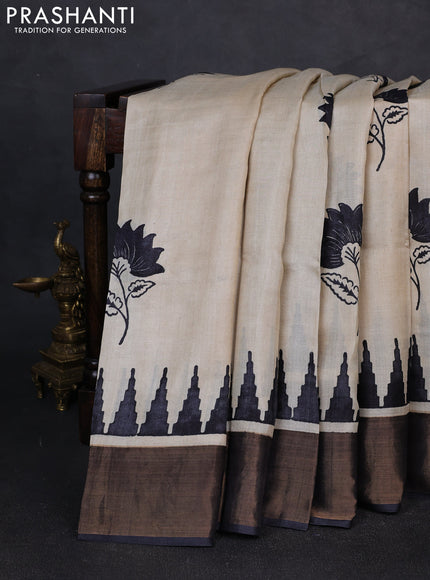 Pure tussar silk saree beige and black with floral butta prints and temple design zari woven border