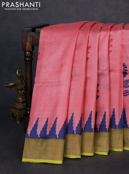 Pure tussar silk saree peach pink and lime yellow with floral butta prints and temple design zari woven border