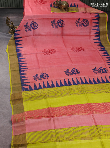 Pure tussar silk saree peach pink and lime yellow with floral butta prints and temple design zari woven border