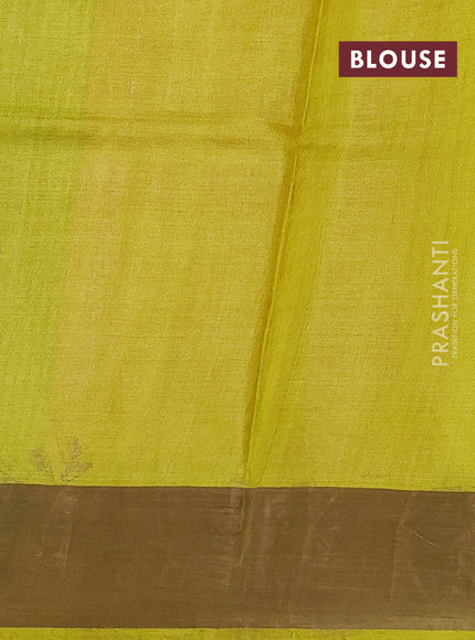Pure tussar silk saree peach pink and lime yellow with floral butta prints and temple design zari woven border