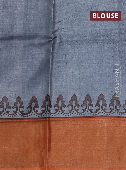 Pure tussar silk saree rustic orange and grey with paisley butta prints and long printed zari woven border