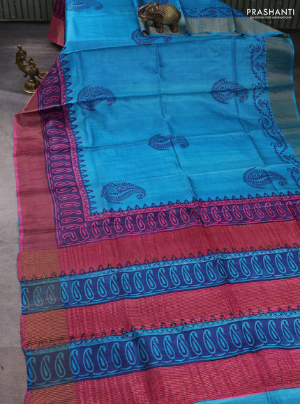 Pure tussar silk saree cs blue and pink with paisley butta prints and long printed zari woven border
