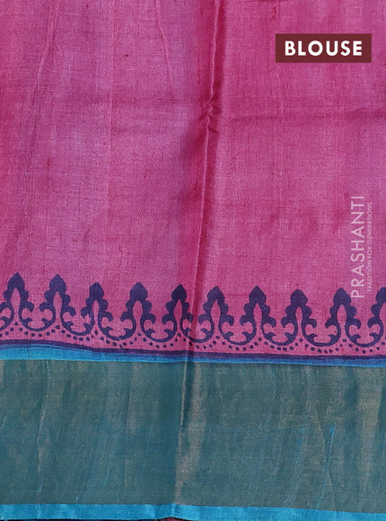 Pure tussar silk saree cs blue and pink with paisley butta prints and long printed zari woven border